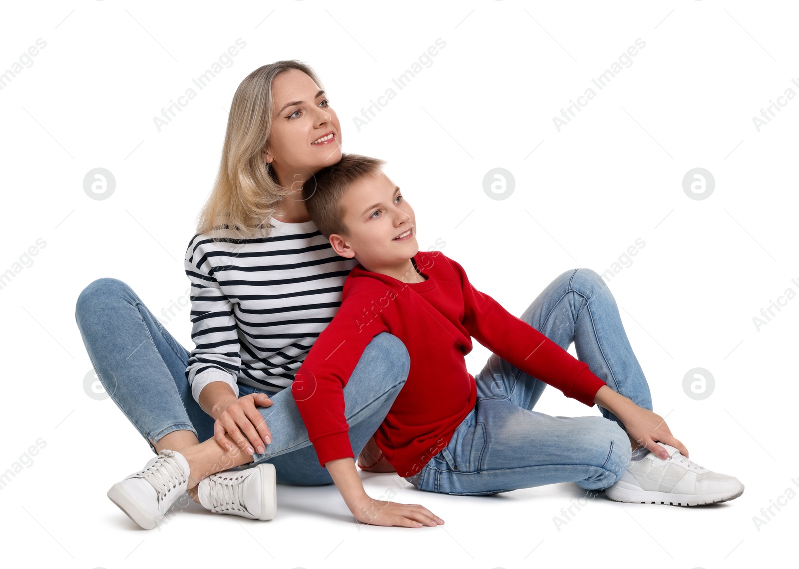 Photo of Happy mother and son on white background