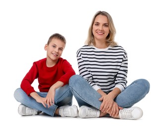 Photo of Happy mother and son on white background