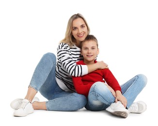 Photo of Happy mother and son on white background