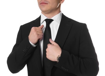 Photo of Man in classic suit on white background, closeup