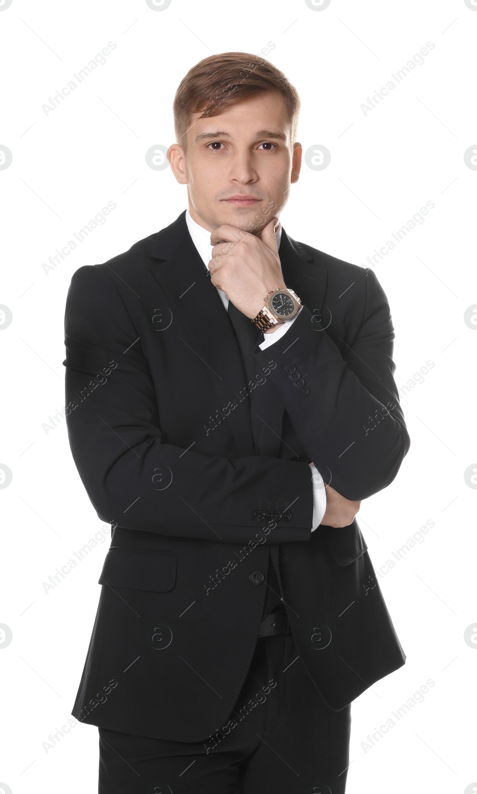 Photo of Man in classic suit with stylish watch on white background