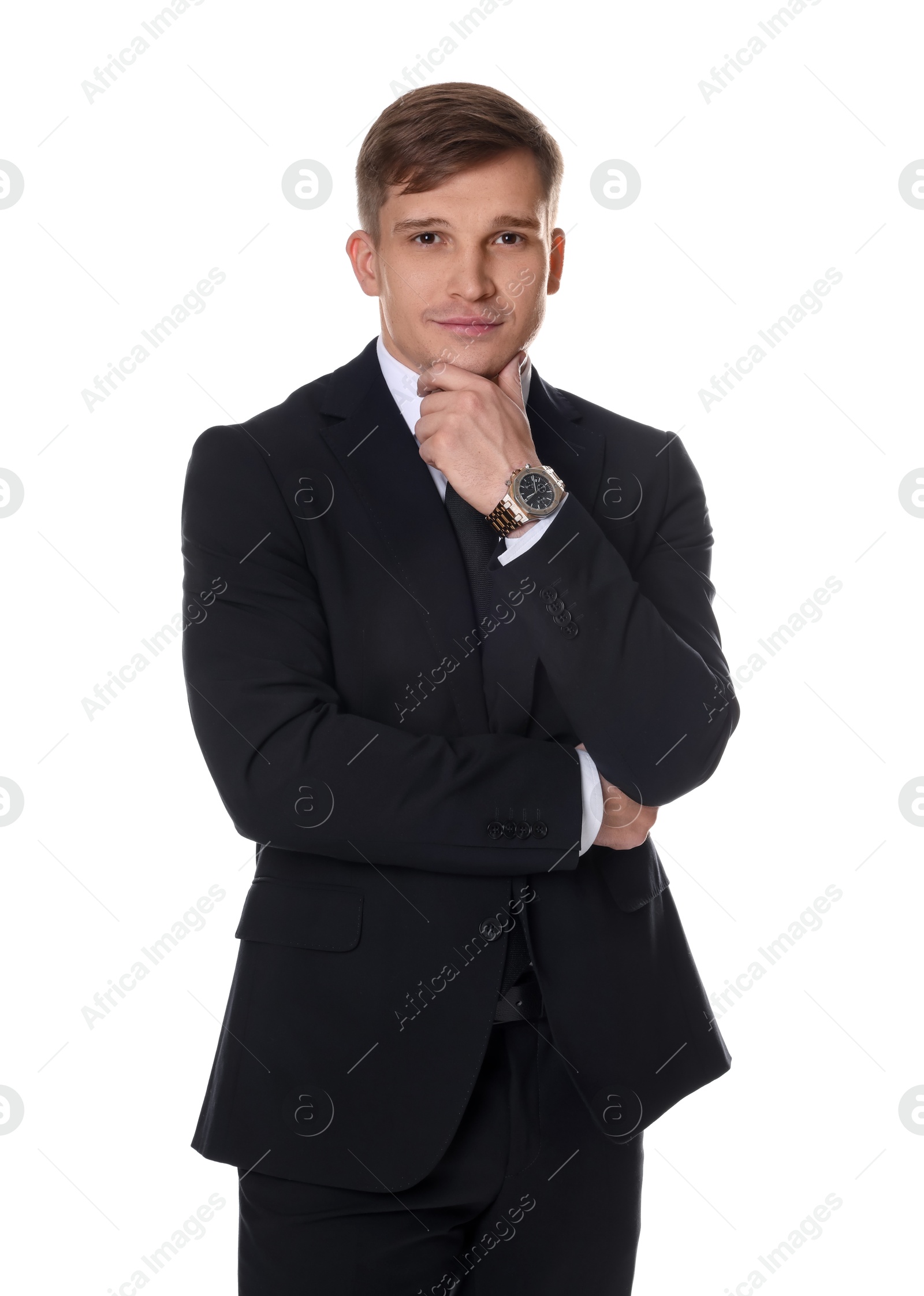 Photo of Man in classic suit with stylish watch on white background