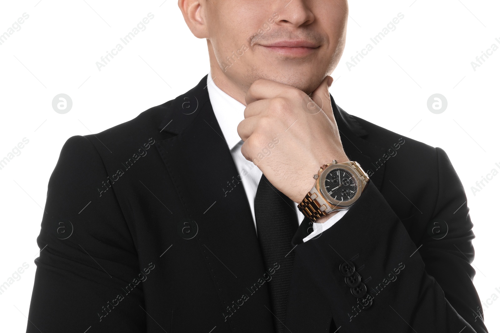 Photo of Man in classic suit with stylish watch on white background, closeup