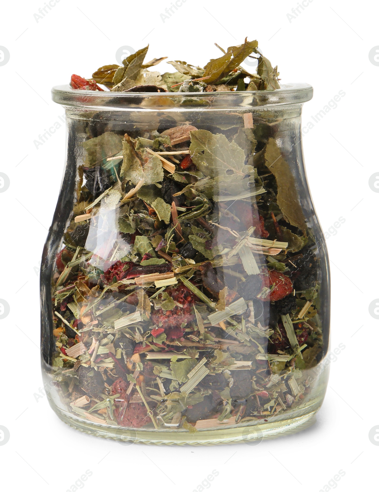 Photo of Dry herbal tea brew in jar isolated on white