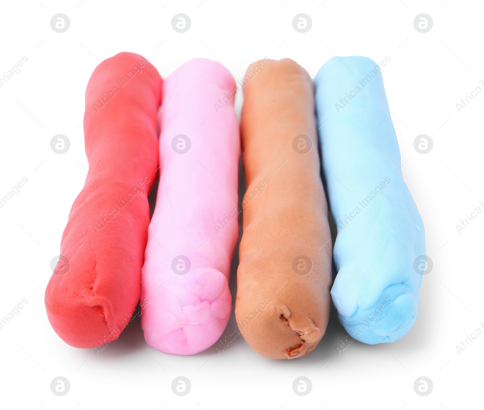 Photo of Different colorful play dough isolated on white