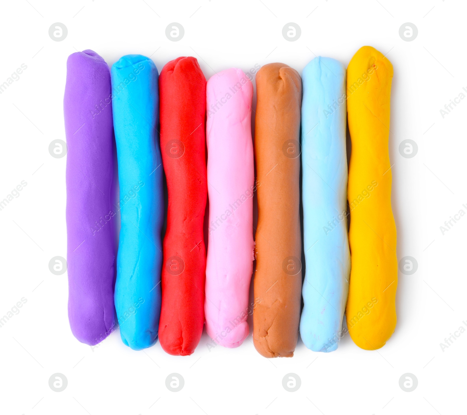 Photo of Different colorful play dough isolated on white, top view