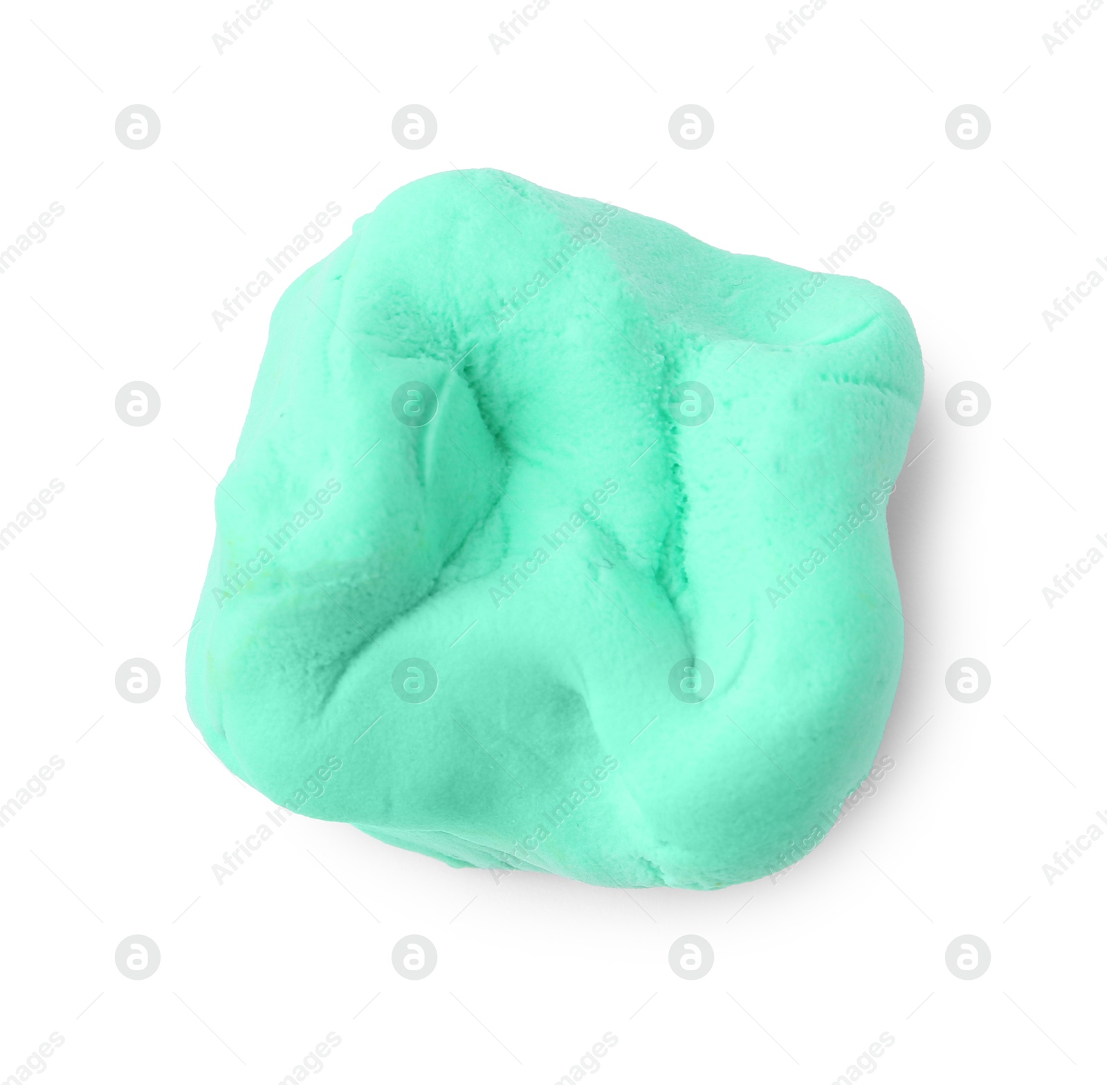 Photo of Bright turquoise play dough isolated on white, top view