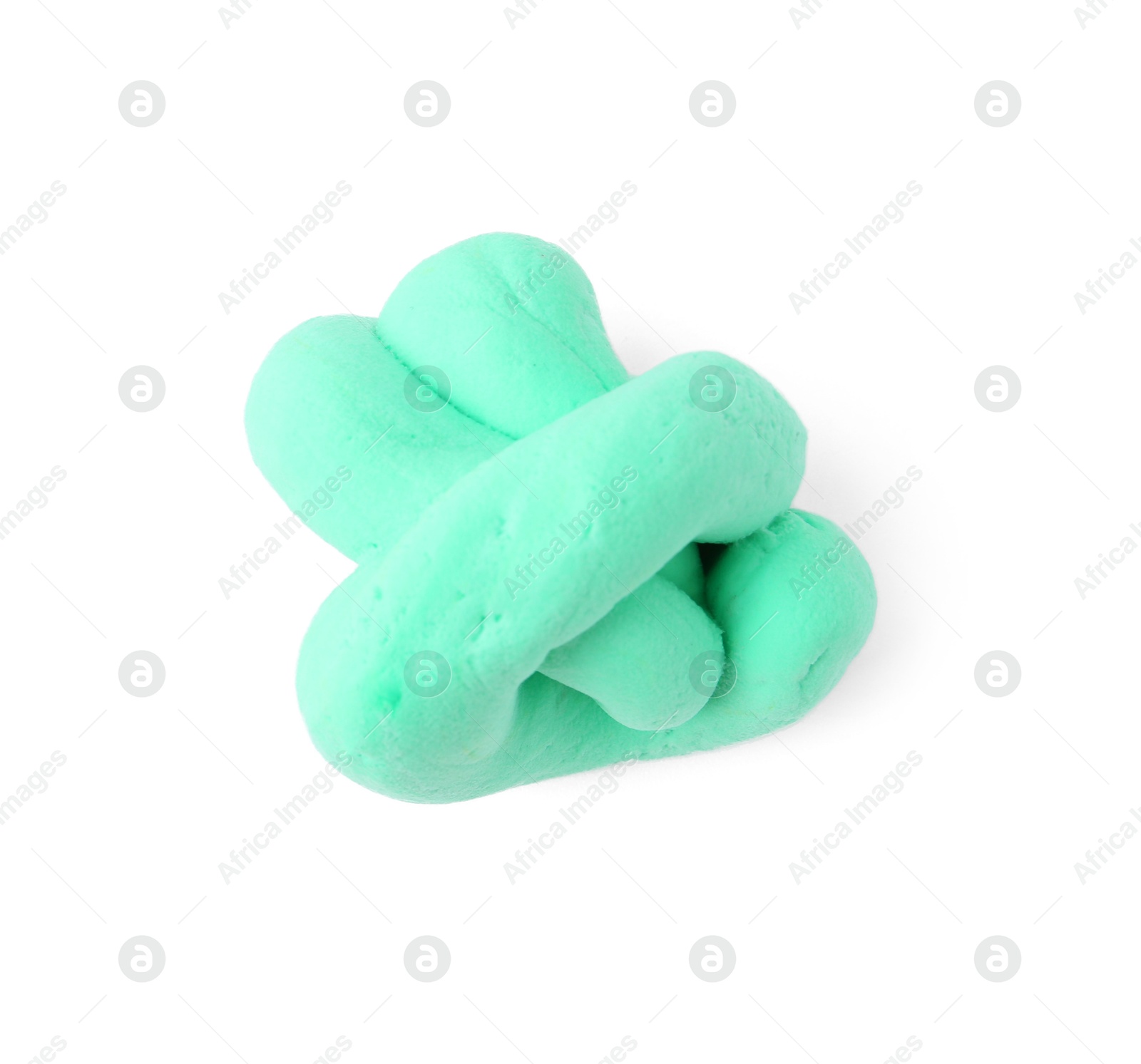 Photo of Bright turquoise play dough isolated on white, top view