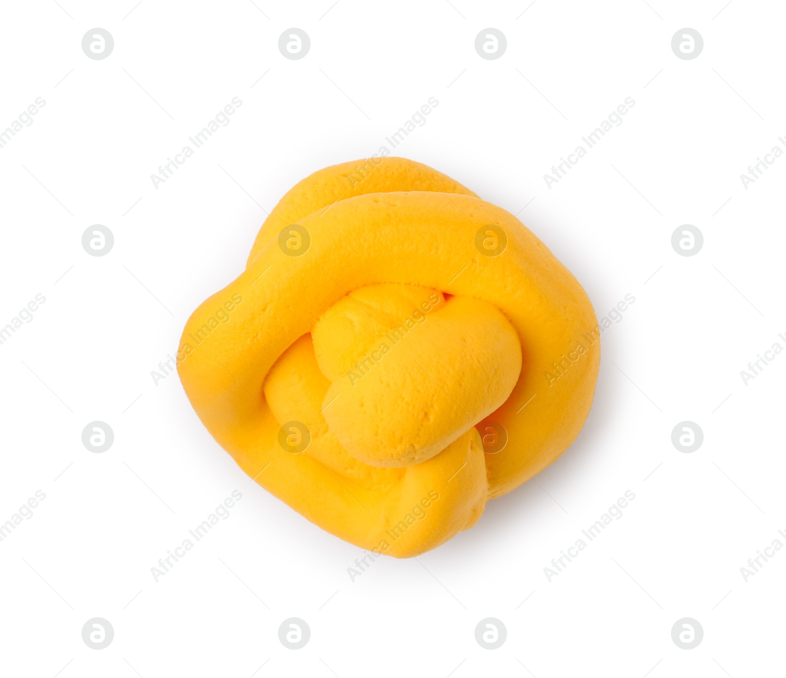 Photo of Bright yellow play dough isolated on white, top view