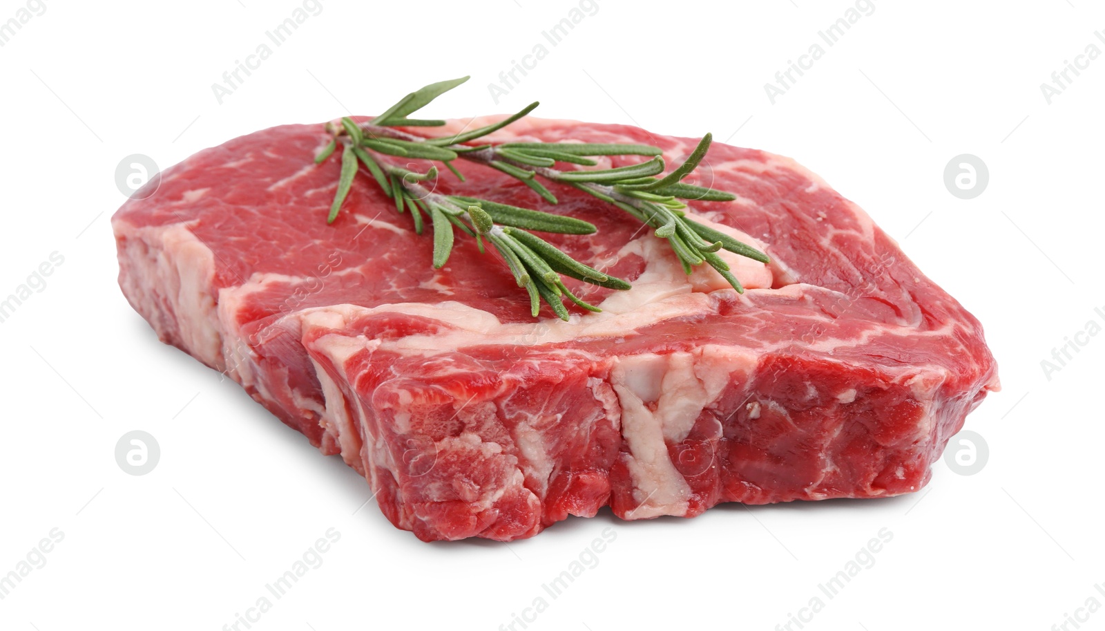 Photo of Piece of raw beef meat and rosemary isolated on white