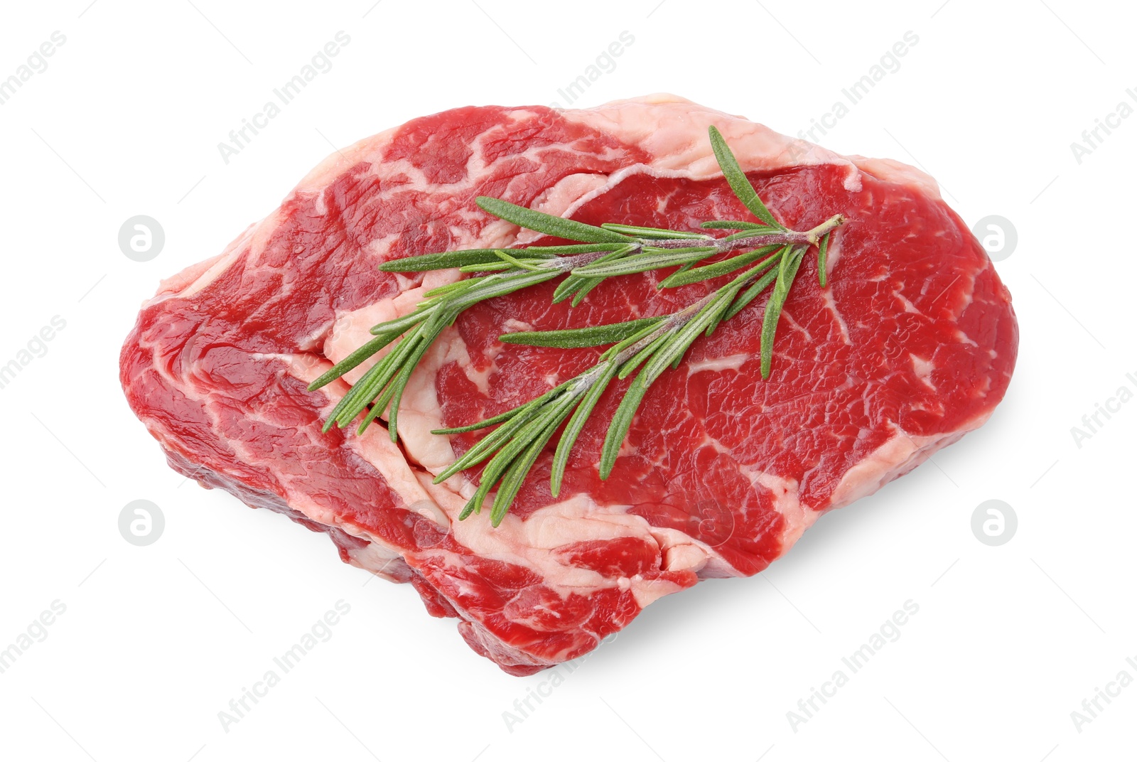 Photo of Piece of raw beef meat and rosemary isolated on white, top view