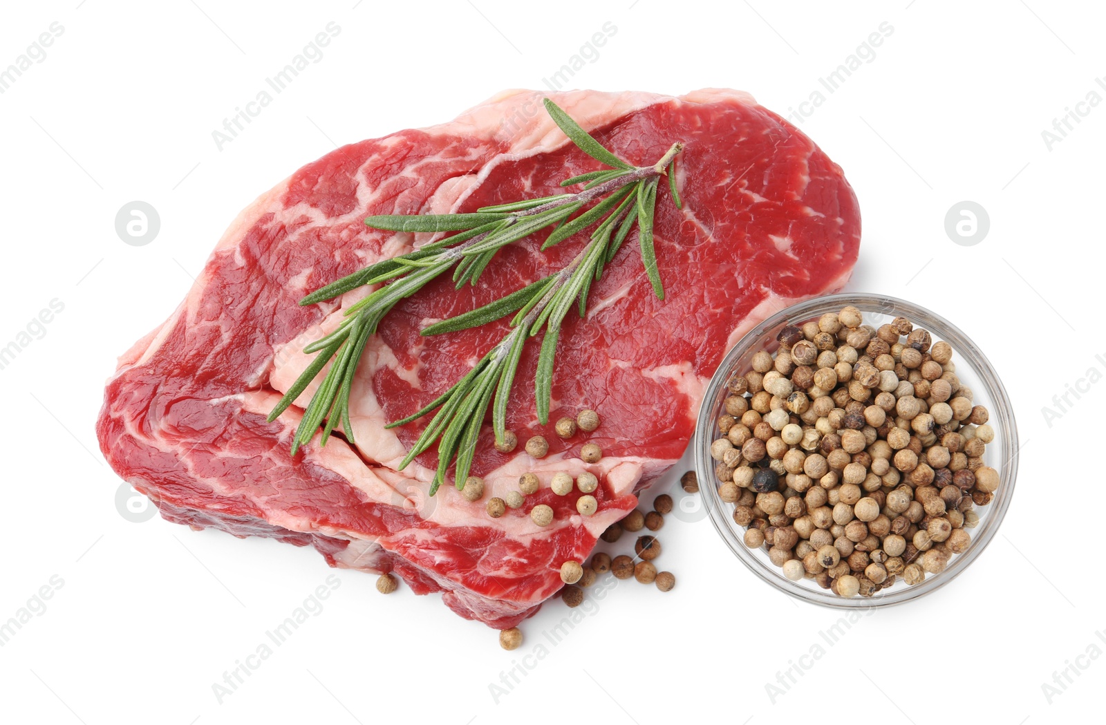 Photo of Piece of raw beef meat and spices isolated on white, top view