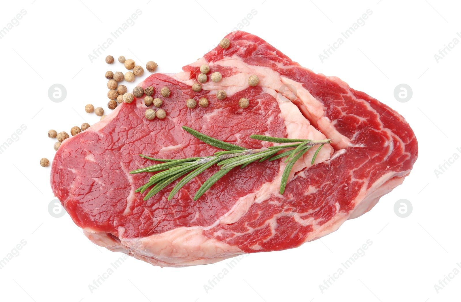 Photo of Piece of raw beef meat and spices isolated on white, top view