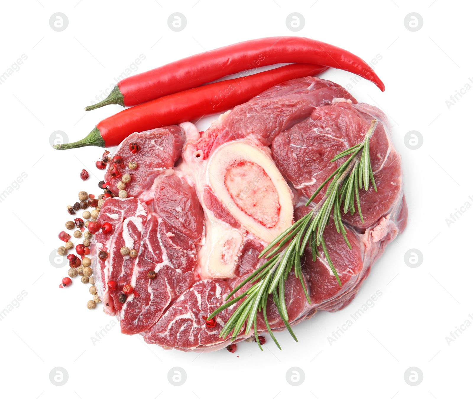 Photo of Piece of raw beef meat and spices isolated on white, top view