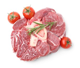 Photo of Piece of raw beef meat, rosemary and tomatoes isolated on white, top view