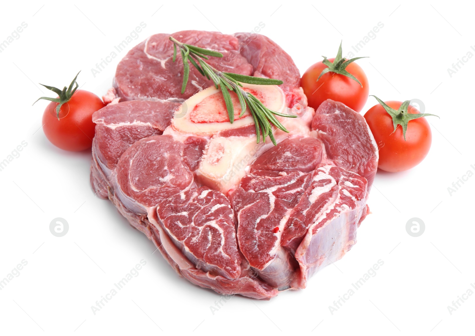 Photo of Piece of raw beef meat, rosemary and tomatoes isolated on white