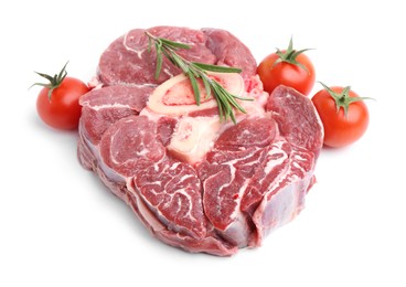 Photo of Piece of raw beef meat, rosemary and tomatoes isolated on white