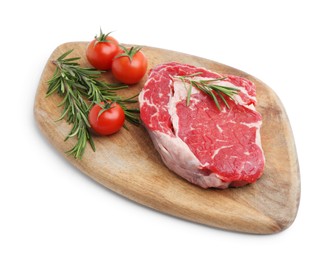 Photo of Piece of raw beef meat, rosemary and tomatoes isolated on white