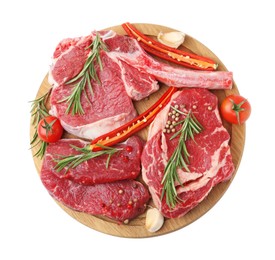 Photo of Pieces of raw beef meat, spices and tomatoes isolated on white, top view