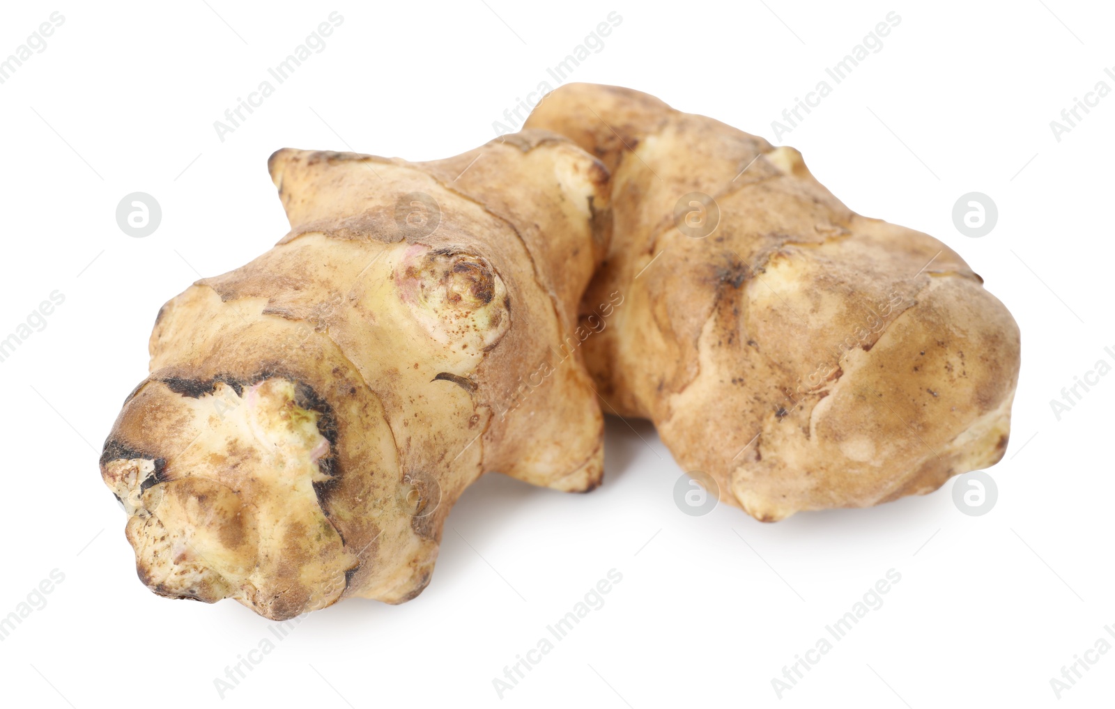 Photo of Fresh Jerusalem artichokes isolated on white. Root vegetable