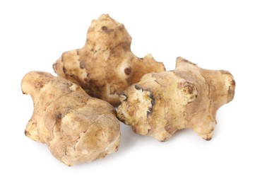 Fresh Jerusalem artichokes isolated on white. Root vegetable