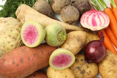 Photo of Many different root vegetables as background, above view