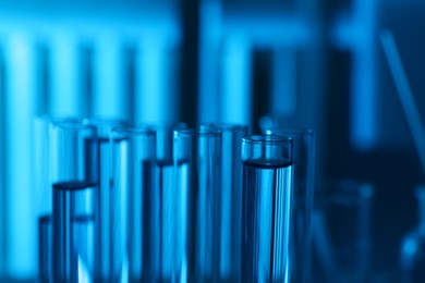 Photo of Test tubes with liquid on blue background, closeup. Color toned effect