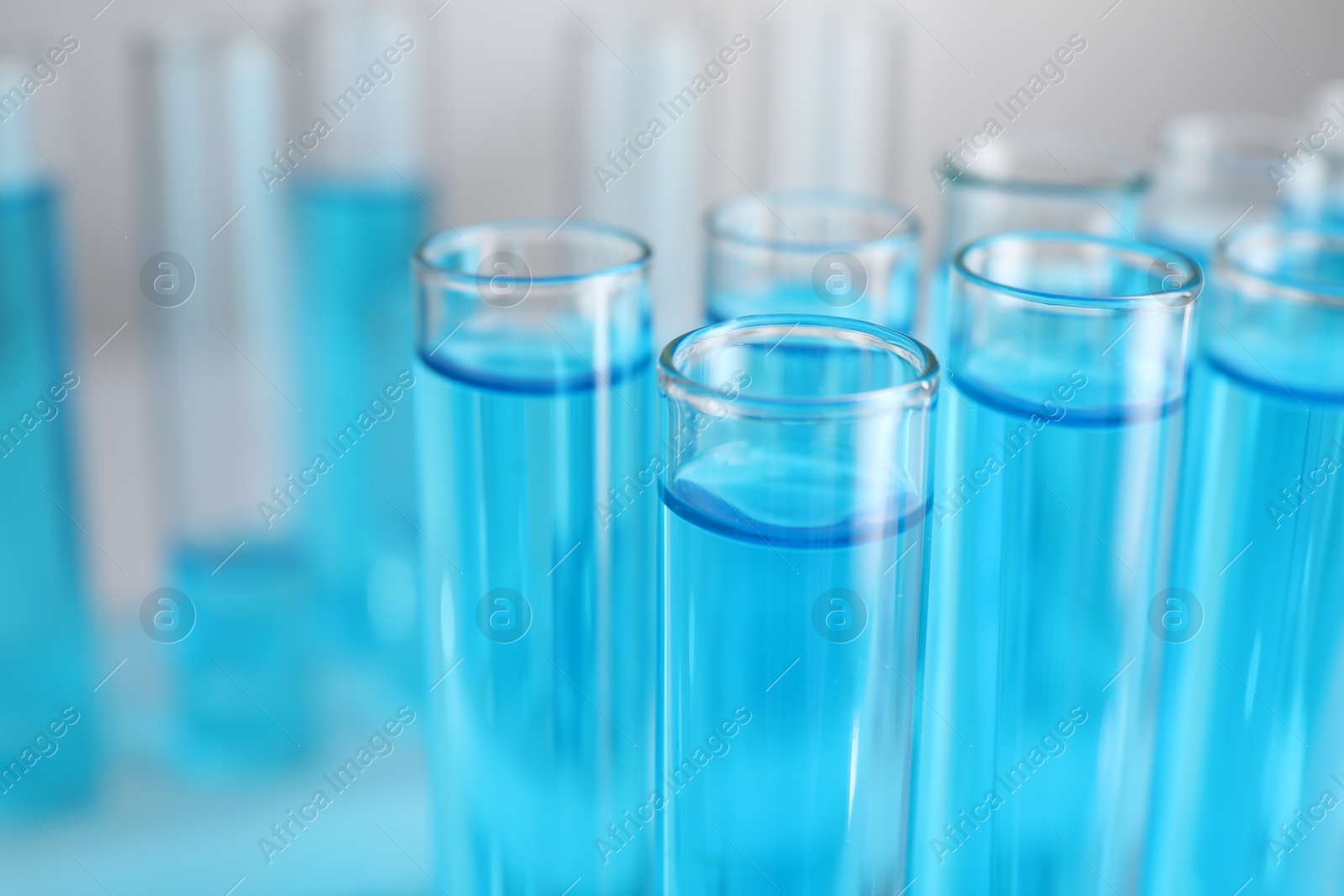 Photo of Test tubes with blue liquid on blurred background, closeup