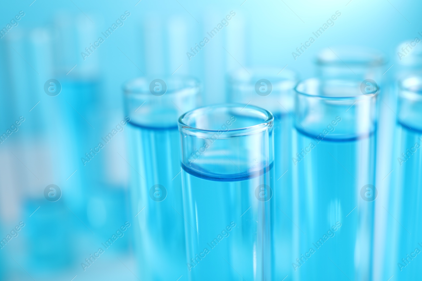 Photo of Test tubes with blue liquid on blurred background, closeup