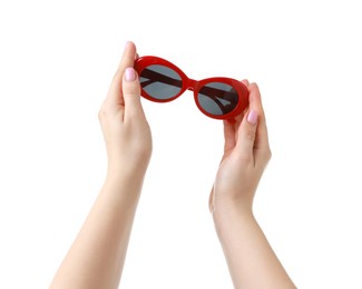 Photo of Woman with beautiful sunglasses on white background, closeup. Stylish accessory