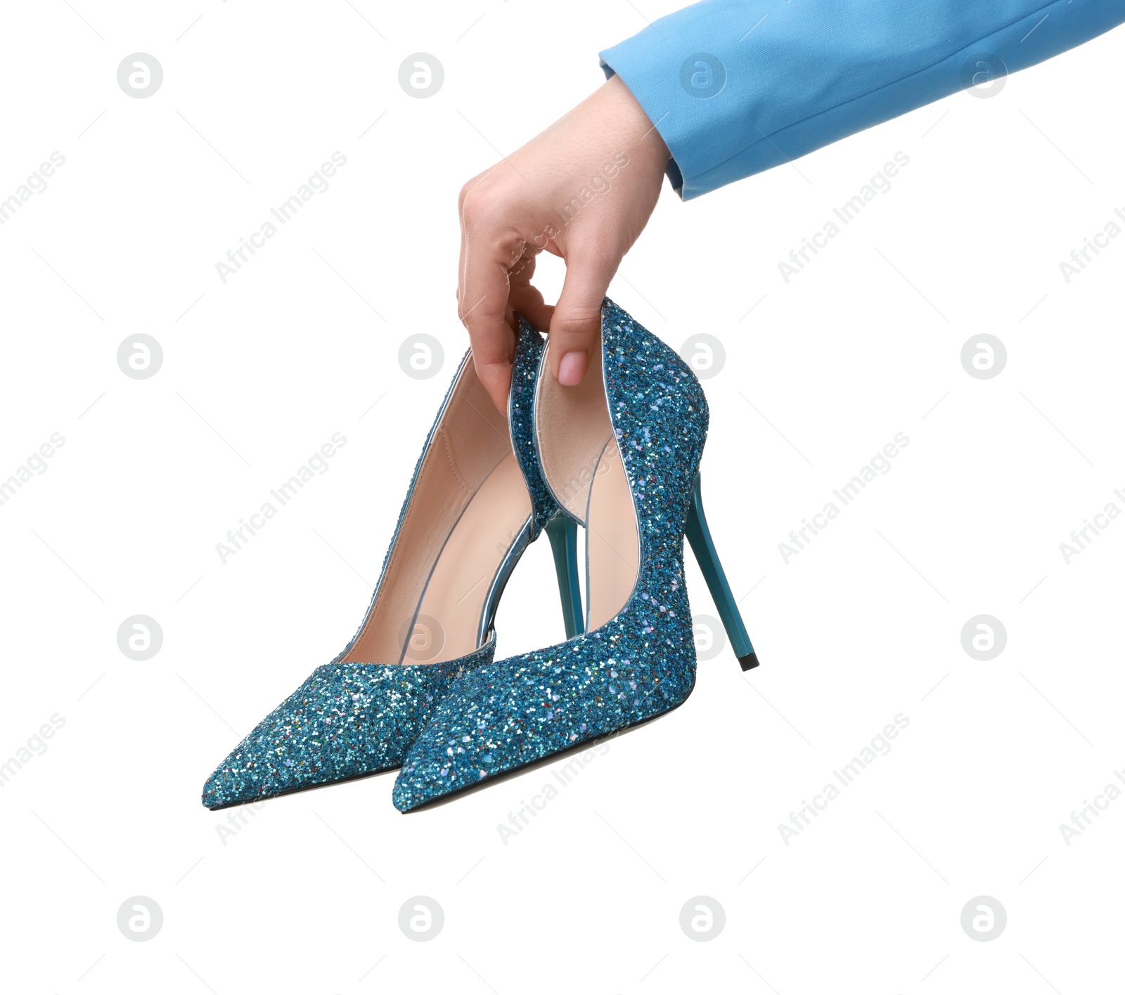 Photo of Woman with beautiful blue shoes on white background, closeup