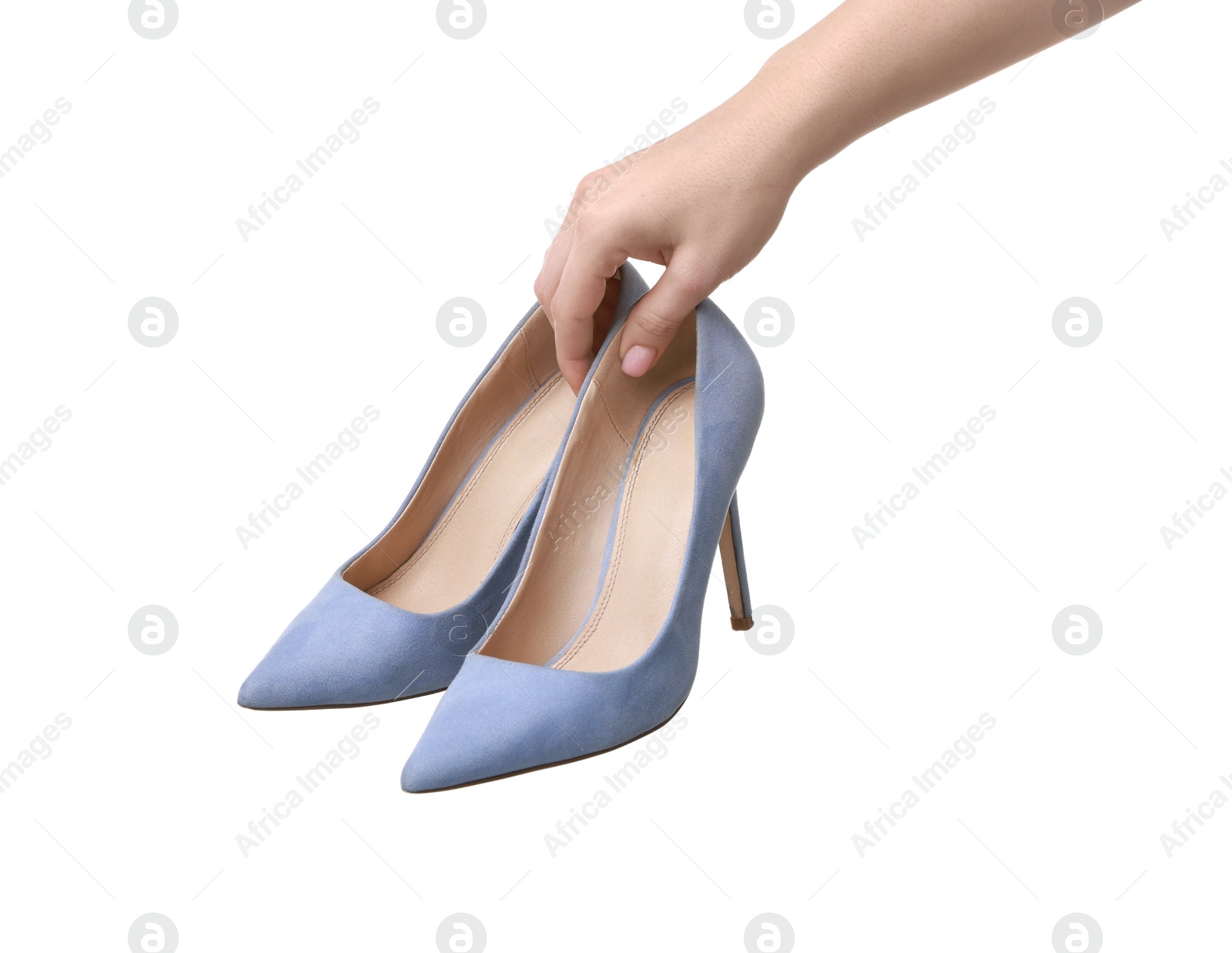 Photo of Woman with beautiful blue shoes on white background, closeup