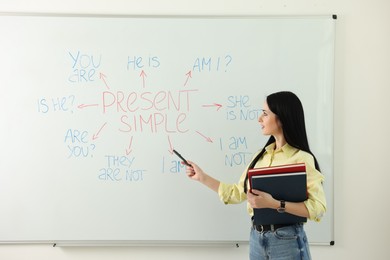 Photo of English teacher explaining Present Simple tense at whiteboard in classroom