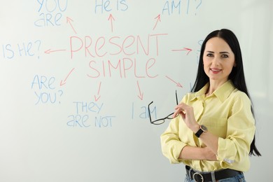 Photo of English teacher explaining Present Simple tense at whiteboard in classroom