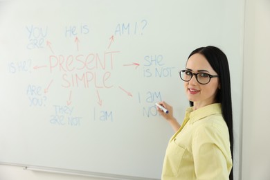 Photo of English teacher explaining Present Simple tense at whiteboard in classroom