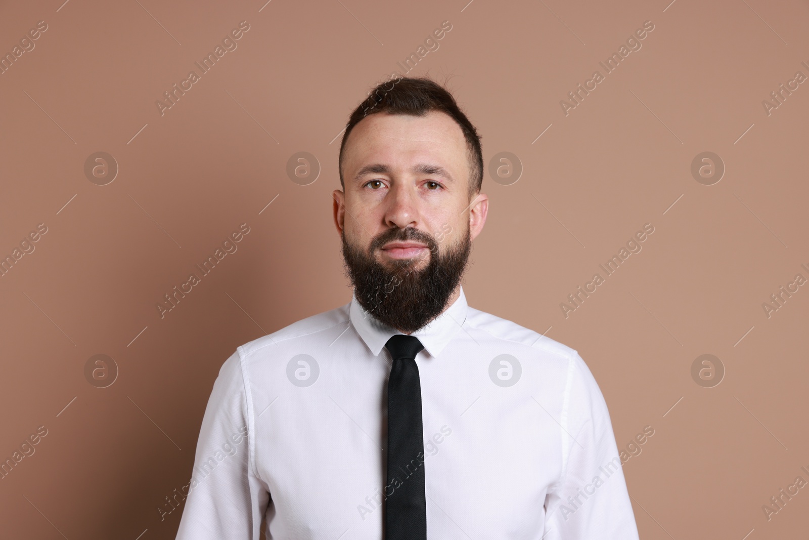 Photo of Handsome bearded man in formal outfit on brown background