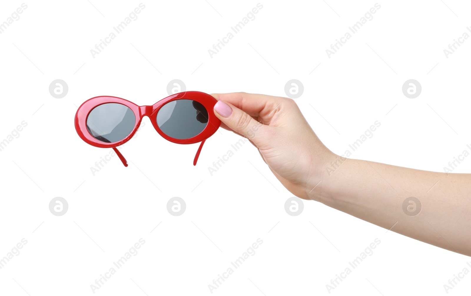 Photo of Woman with beautiful sunglasses on white background, closeup. Stylish accessory