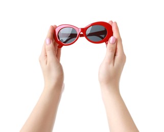 Photo of Woman with beautiful sunglasses on white background, closeup. Stylish accessory