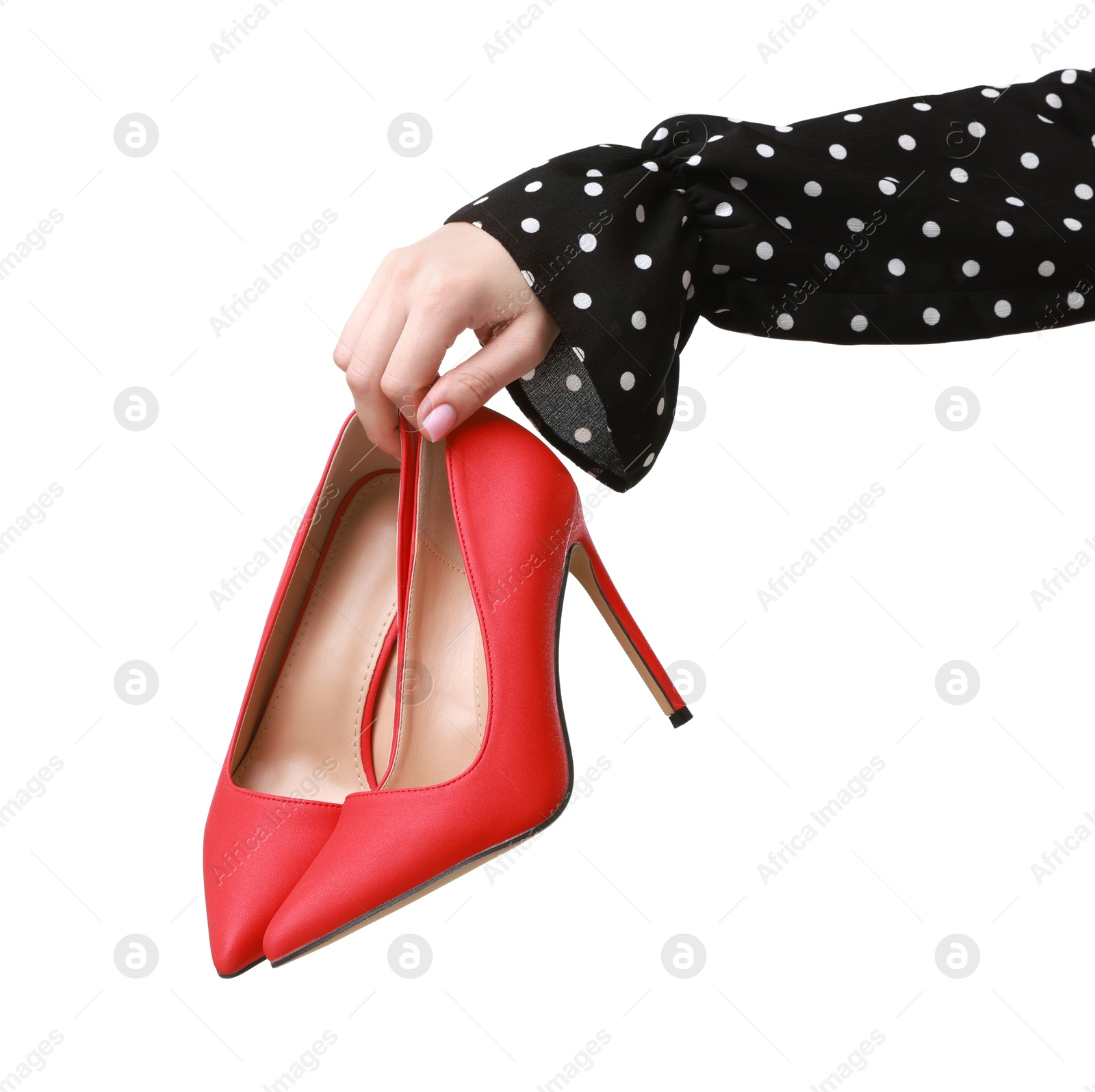 Photo of Woman with beautiful red shoes on white background, closeup