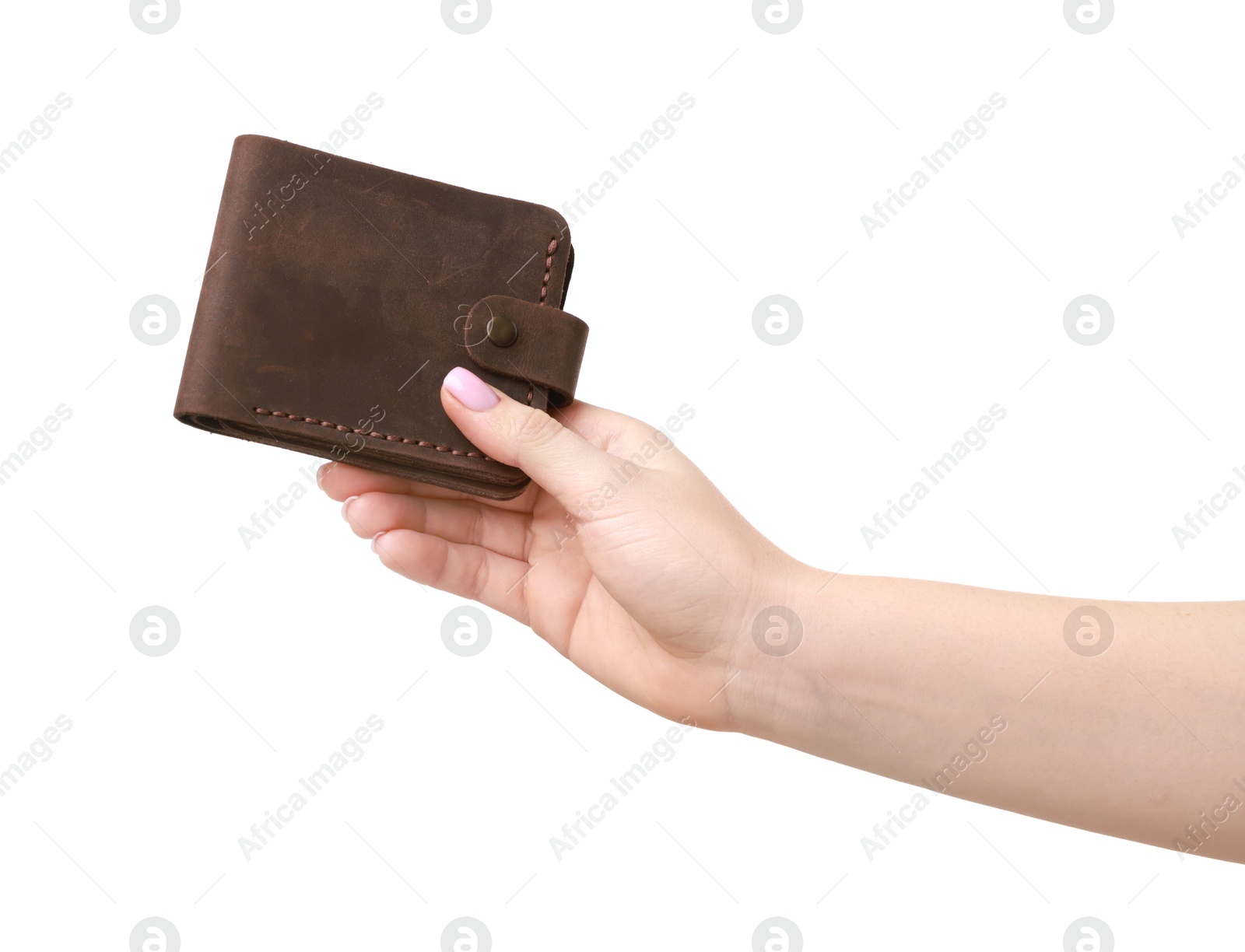 Photo of Woman with beautiful wallet on white background, closeup. Stylish accessory