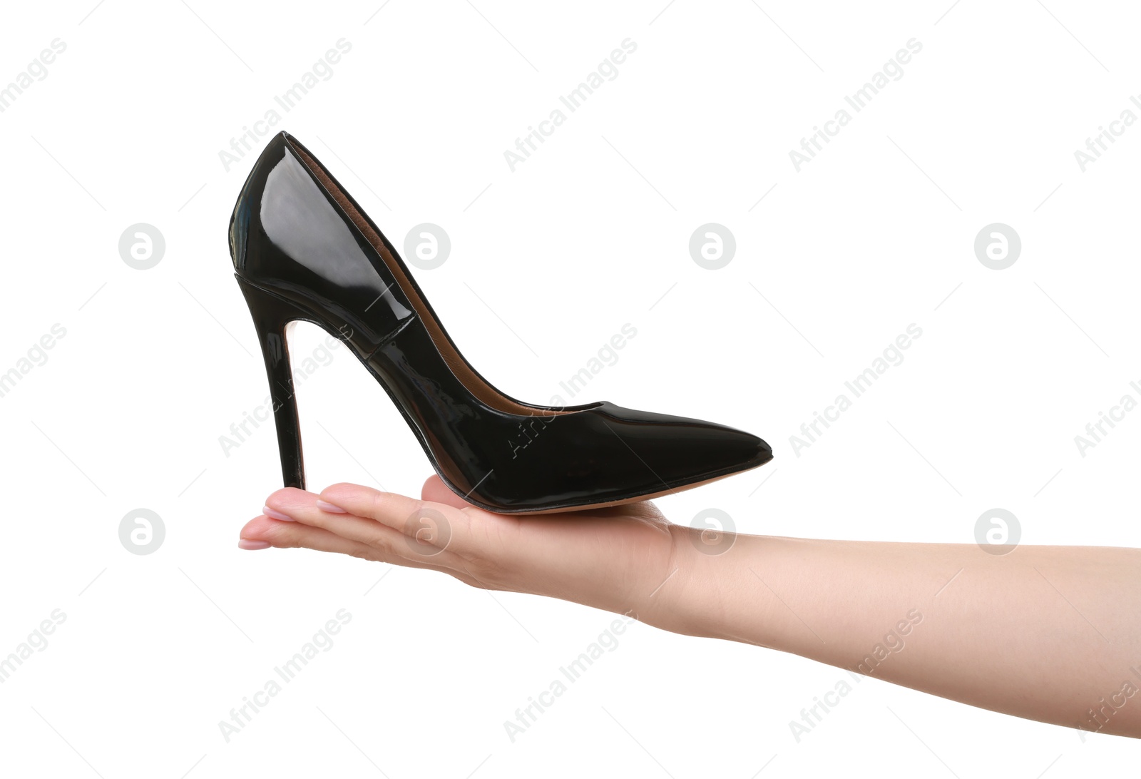 Photo of Woman with beautiful black shoe on white background, closeup