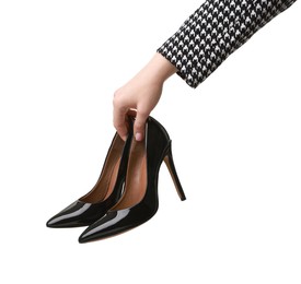 Photo of Woman with beautiful black shoes on white background, closeup