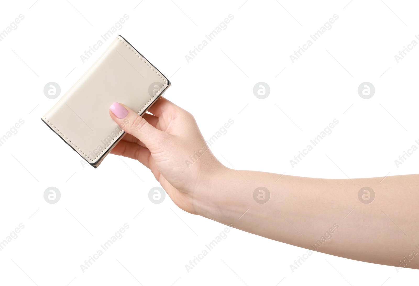 Photo of Woman with beautiful wallet on white background, closeup. Stylish accessory