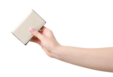 Photo of Woman with beautiful wallet on white background, closeup. Stylish accessory