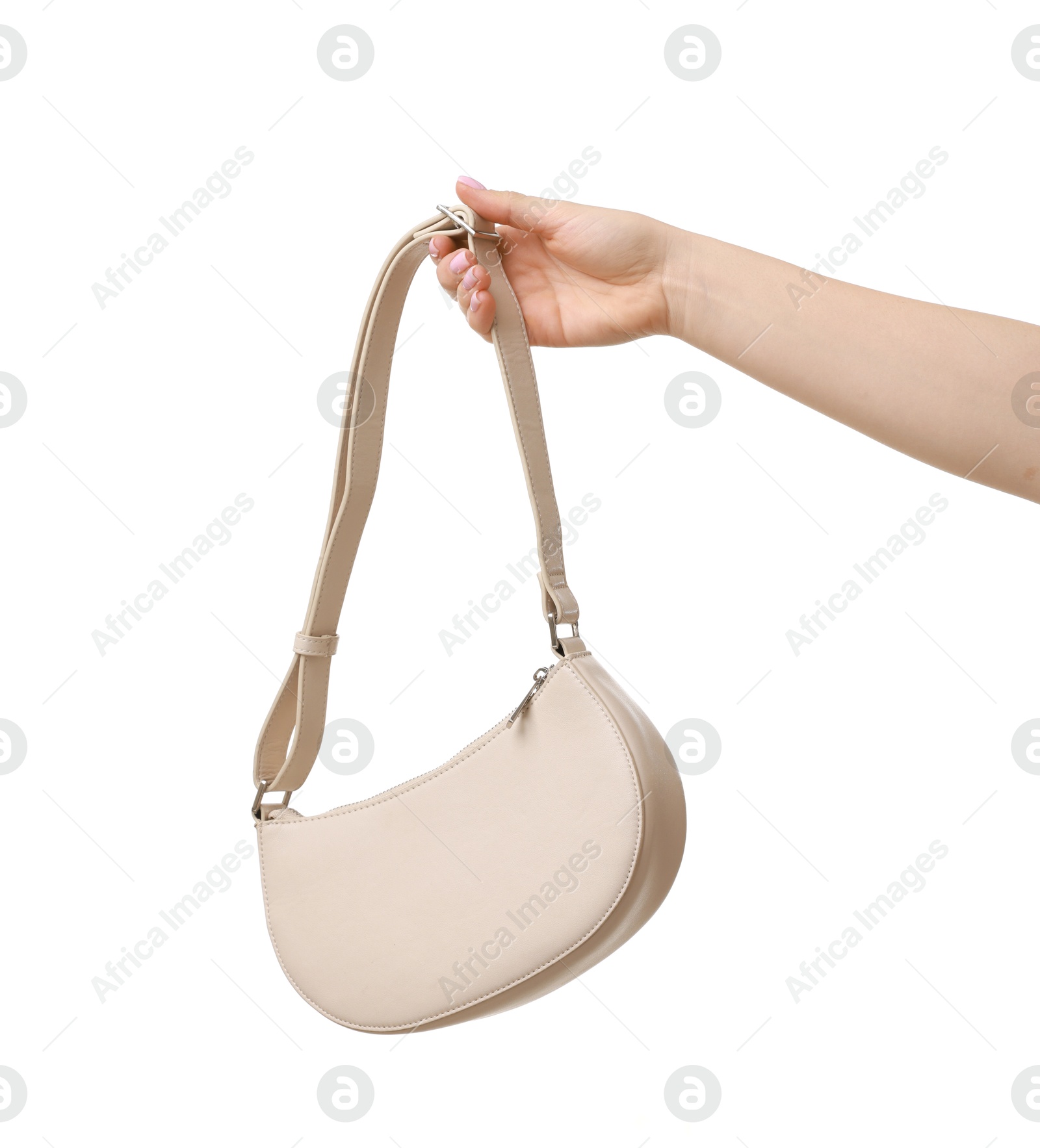 Photo of Woman with beautiful handbag on white background, closeup. Stylish accessory