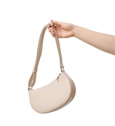 Photo of Woman with beautiful handbag on white background, closeup. Stylish accessory