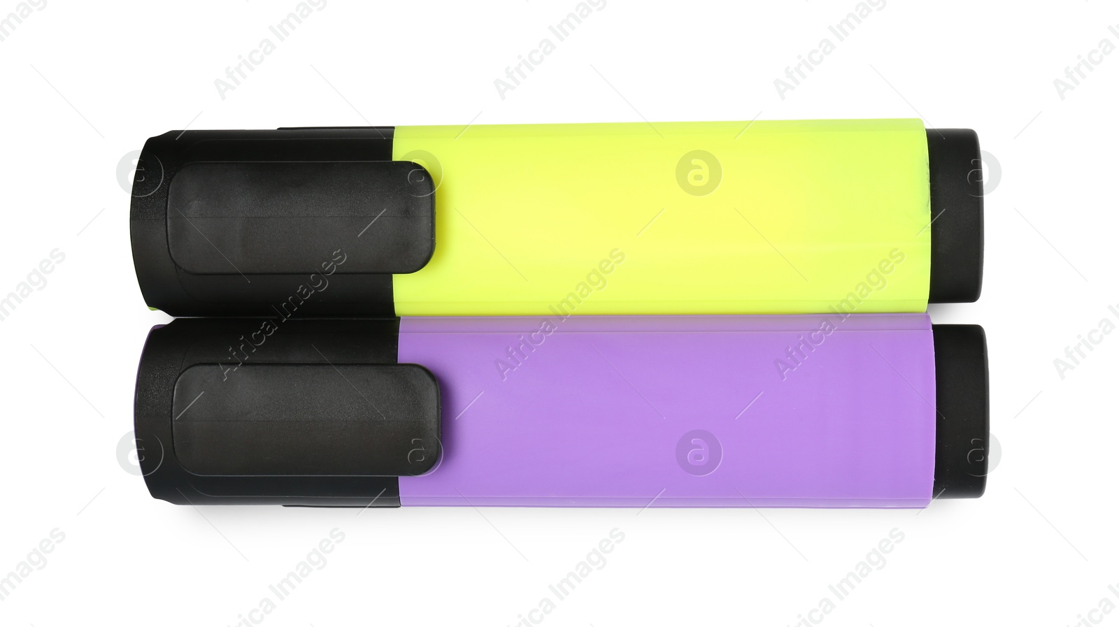 Photo of Bright highlighters isolated on white, top view