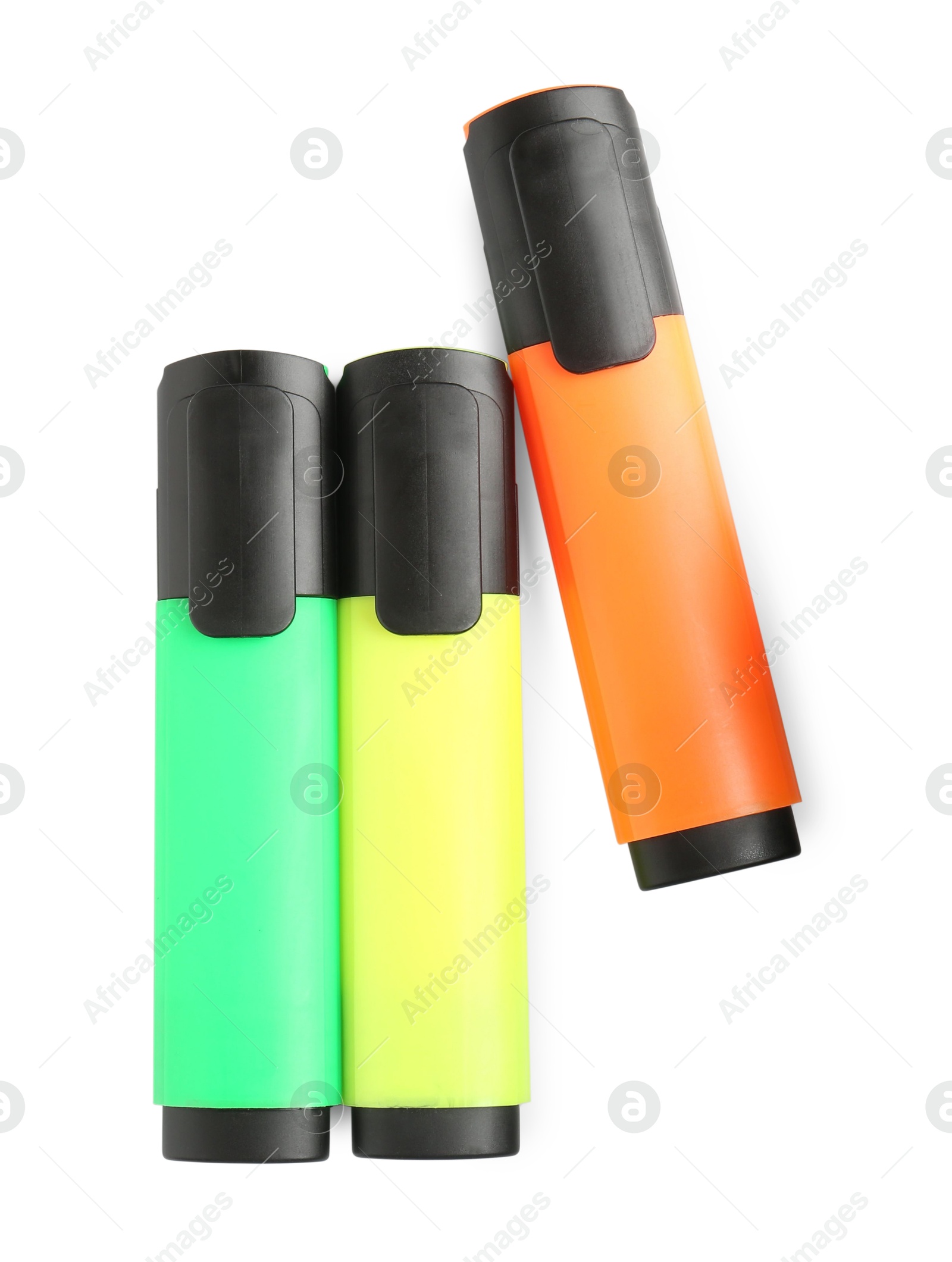 Photo of Bright highlighters isolated on white, top view