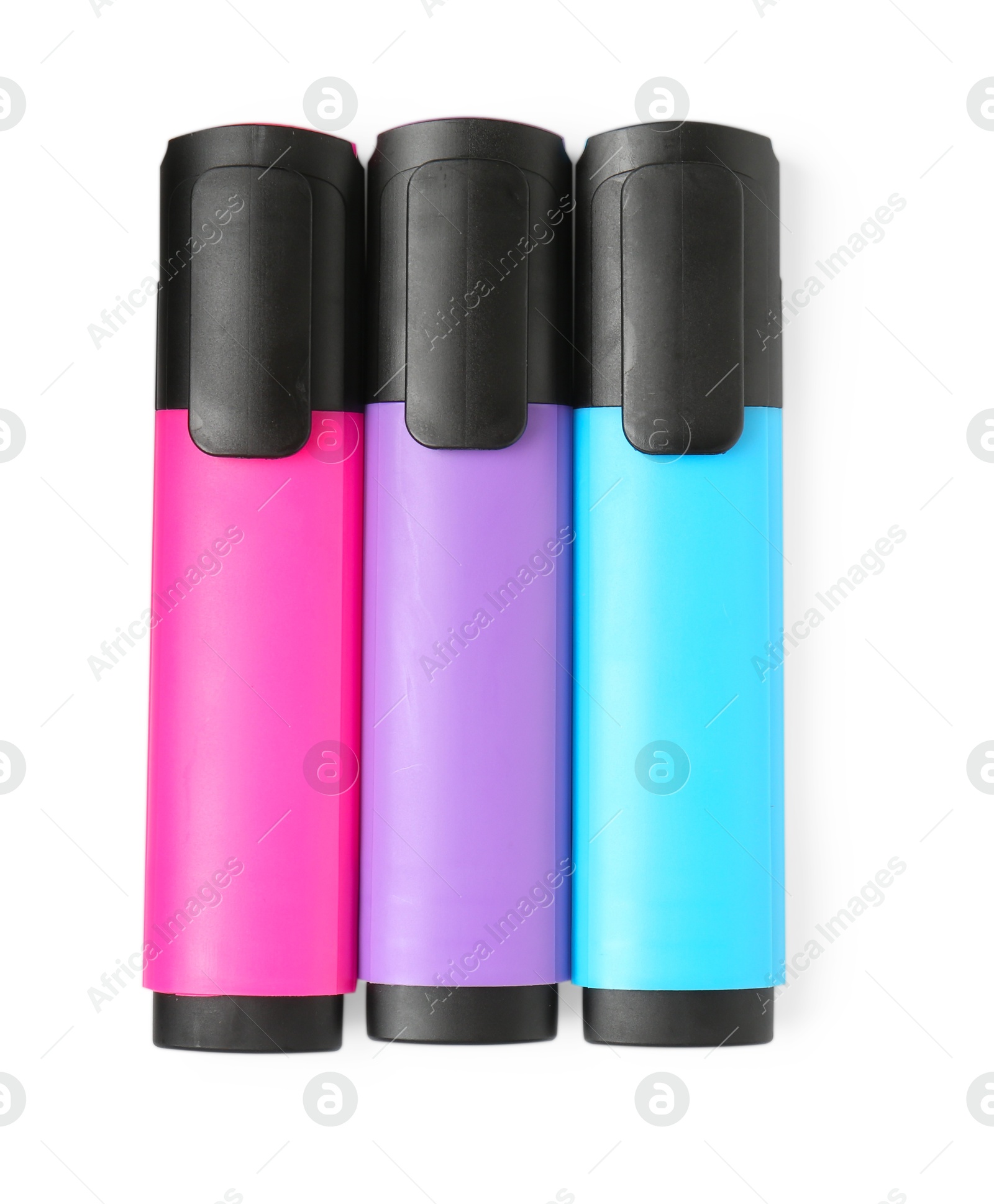 Photo of Bright highlighters isolated on white, top view