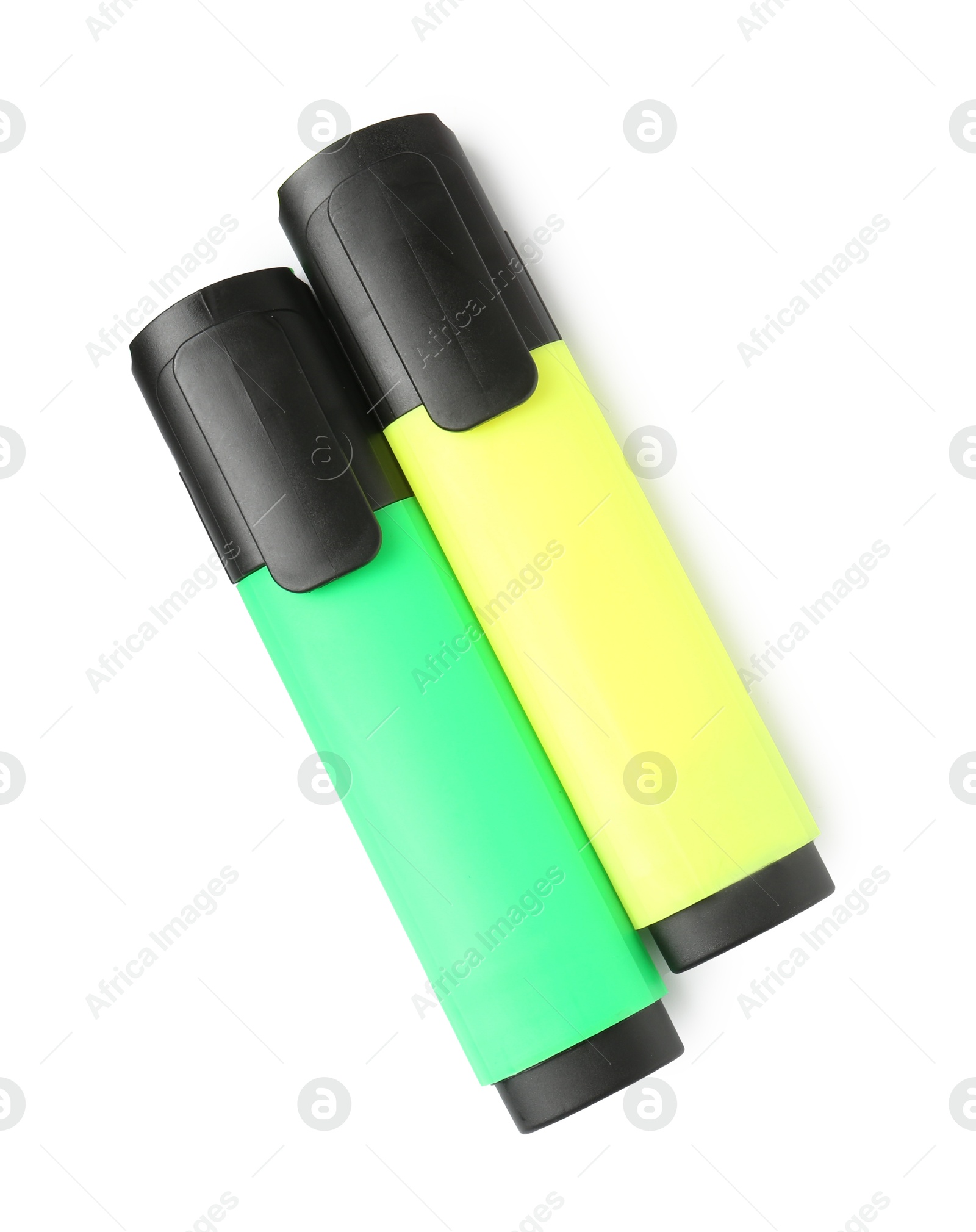 Photo of Bright highlighters isolated on white, top view